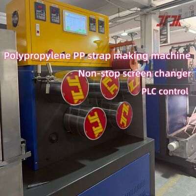 Linha de produção de tiras de correia PP controlada por PLC com tensão de correia ajustável e enrolador de estação dupla